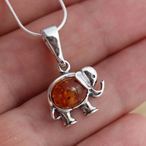 Cognac Baltic Amber 925 Sterling Silver Elephant Pendant Chain Necklace