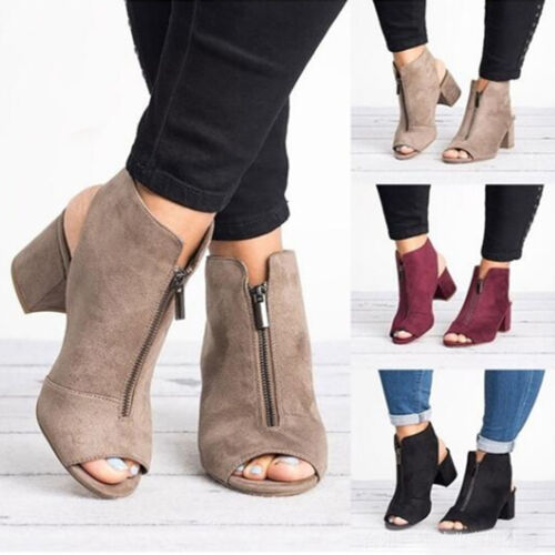 Women Block Mid High Heels Chunky Sandals Open Toe Ankle Strap Boots Shoes Size 
