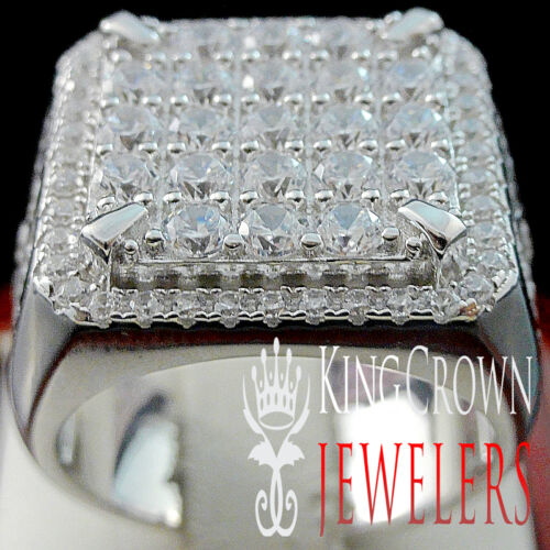 Mens 10K White Gold On Real Silver Genuine Lab Diamond Big Look Pinky Ring Band 