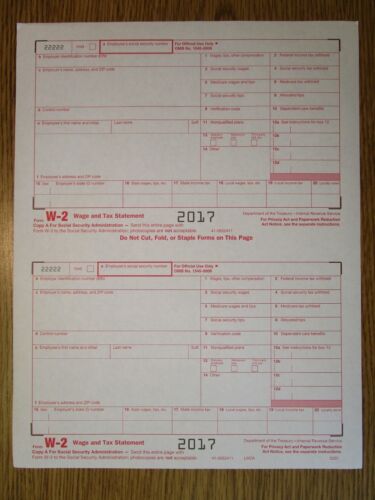 6-part LASER 2017 IRS Tax Form W-2 Wage Stmt single sheet set for 2 employees