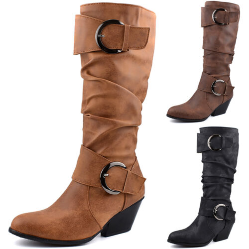 Details about   Womens Winter Buckle Knee High Ladies Low Block Heels Boots Pleated Shoes Size 