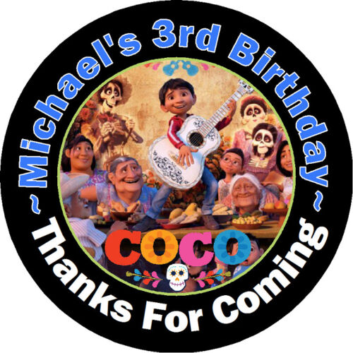 DISNEY PIXAR COCO PERSONALIZED ROUND BIRTHDAY PARTY STICKERS FAVORS~ ALL SIZES