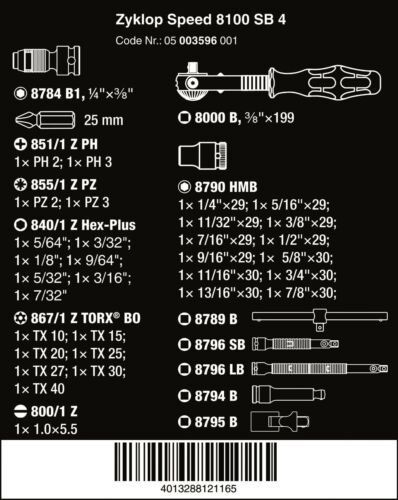 Wera 8100 SB 4 Zyklop Socket Wrench Set 3//8/" Drive SAE 38 Pieces 05003596001