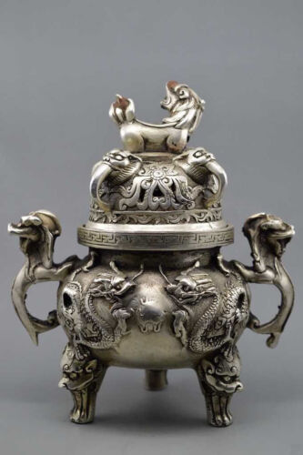 Details about  / Chinese buddhist manual old silver copper dragon lion statues incense burner