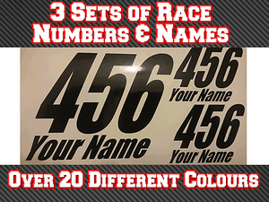 Race Numbers /& Name 3 Sets 100mm Motocross Vinyl Sticker Decals Track Bike T17