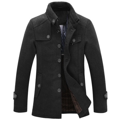 Mens Wool Military Coat Jacket Funnel Neck Black Grey UK Size S M L XL