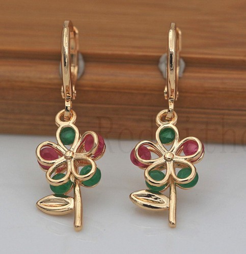 18K Gold Filled Hollow Earrings Ruby Emerald Ear Drop Flower Zircon Leaf Gems