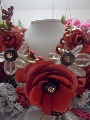 BETSEY JOHNSON GORGEOUS RED  ENAMEL /& RHINESTONE FLORAL CLUSTER CHAIN NECKLACE
