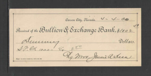 1899-1900 RECEIPT BULLION /& EXCHANGE BANK CARSON CITY NEVADA ANTIQUE