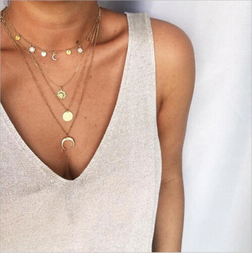 1pcs Women/'s Multilayer Alloy Choker Collar Gold Pendant Chain Bib Necklaces