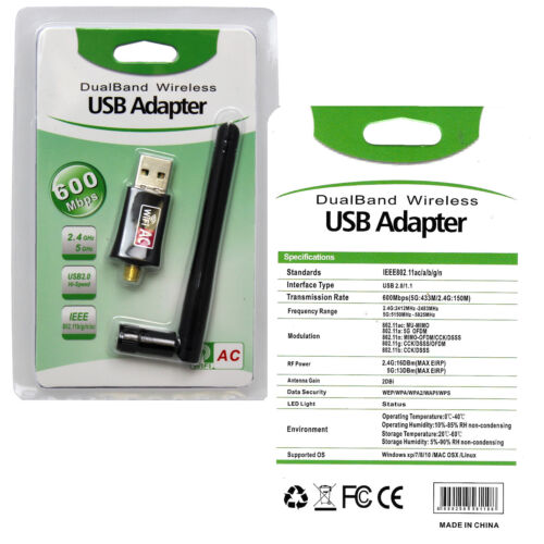 600Mbps Dual Band 2.4//5.8Ghz Wireless Lan USB WiFi Adapter 802.11AC with Antenna