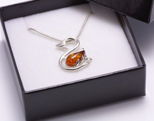 NATURAL BALTIC AMBER STERLING SILVER 925 Swan PENDANT CHAIN NECKLACE Certified 