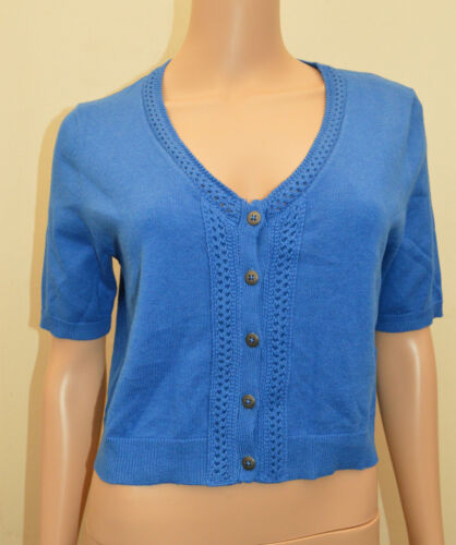 New M&S Per Una Cotton Knit Blue Short Sleeve Cardigan Sz UK 12 