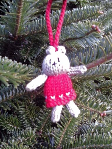Hand Knitted Teddy Bear Christmas Tree Decoration Red 