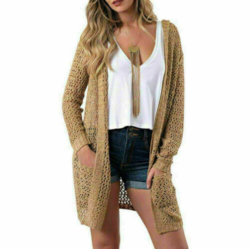 Women Cardigan Open Front Sweater Long Sleeve Loose Jacket Hollow Coat Tops HOT