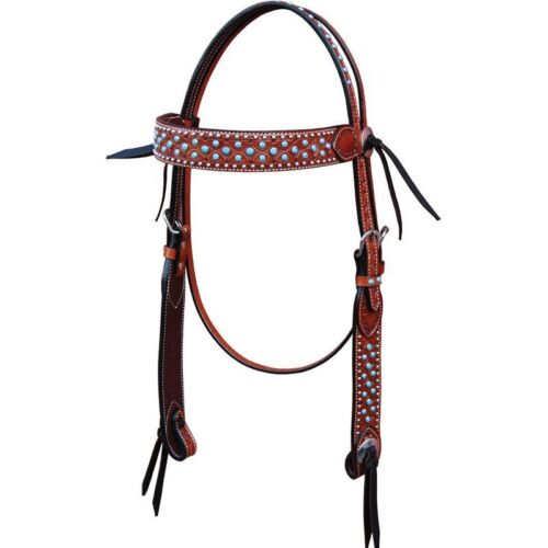 Western Tan Leather Hand Tooled Stones Studded Headstall with Leather Ties
