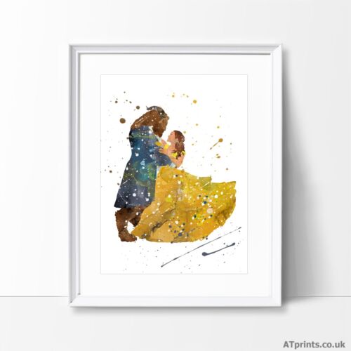 Beauty and The Beast Print Poster Watercolour Framed Canvas Wall Art Disney Emma