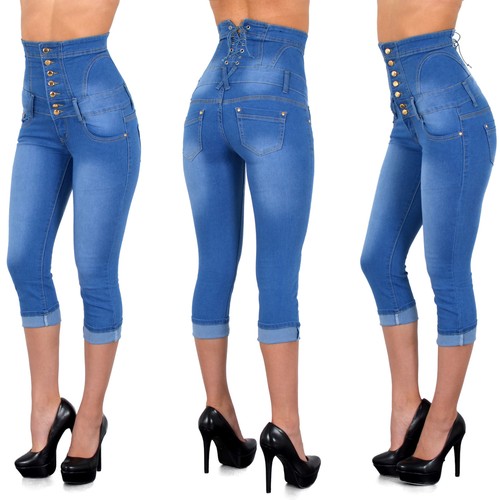 Damen Capri Jeans High Waist Capri Jeanshose Hochbund Capri Jeans J350