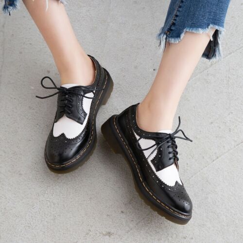 Details about   Womens New Fashion Round Toe Low Heels British Style Lace Up Brogue Single Shoes 