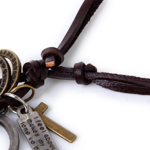 Collier Fantaisie Punk Ancien Chaîne Cuir Pendentif Signe de Paix Croix Anneau