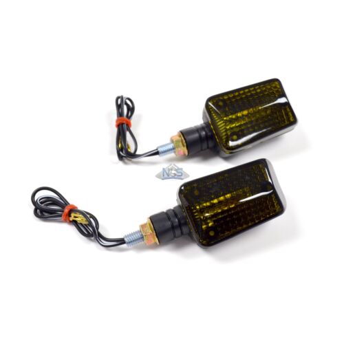 Mini Rectangular Turn Signals Lights 17mm Stem 12 Volt Black Smoked Amber 