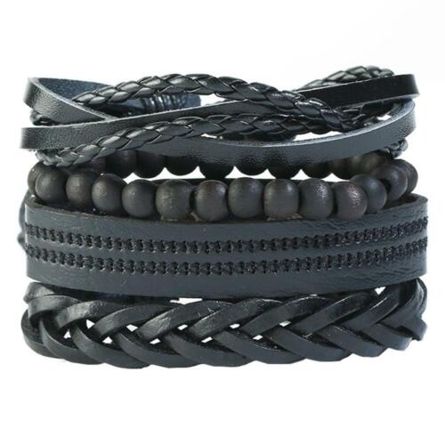4pcs Retro Weave Bracelet Multilayer Leather Bangles Unisex Jewelry Gift L/&6