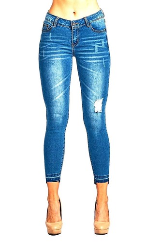 SO Womens Juniors Basic Blue Skinny HI-LO HEM Jeans Distressed Denim Jean Pants