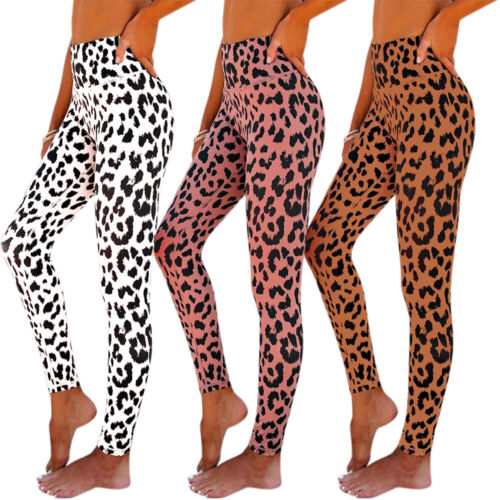 Womens Leopard Print High Waist Yoga Leggings Stretch Fitness Sport Gym Trousers 