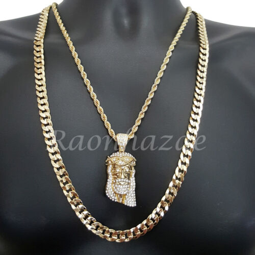 Iced JESUS FACE ROPE CHAIN DIAMOND CUT 30/" CUBAN CHAIN NECKLACE SET G20