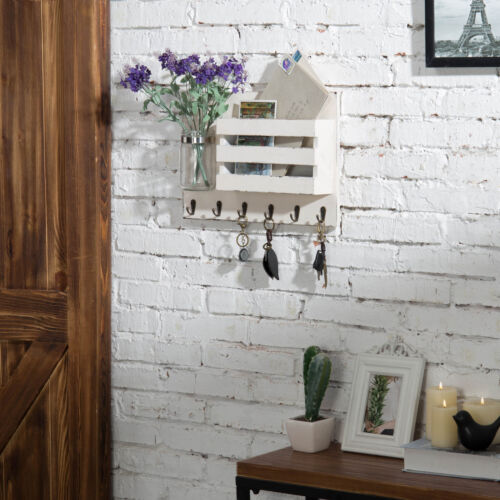 Wall-Mounted Vintage White Wooden Mail Holder Organizer Key Hooks /& Mason Jar