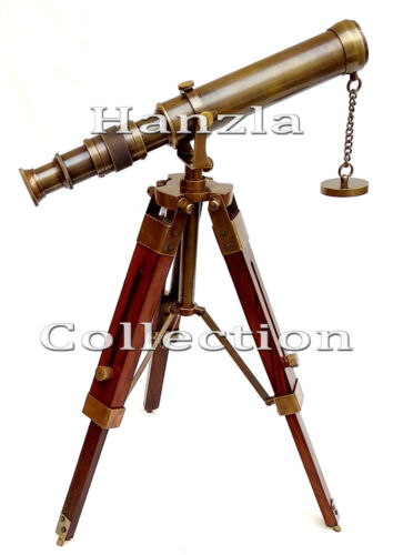 Nautical Antique Brass Telescope With Wooden Tripod Stand Collectible Desk Decor
