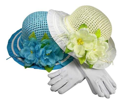 Girls Tea Party Dress Up Play Set of Two With Sun Hats and White Gloves Blue//Ivy