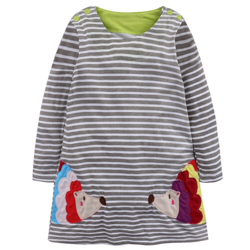 Kid Baby Girl Striped Dress Long Sleeve Cartoon Casual Shirt Tunic Long Tops UK