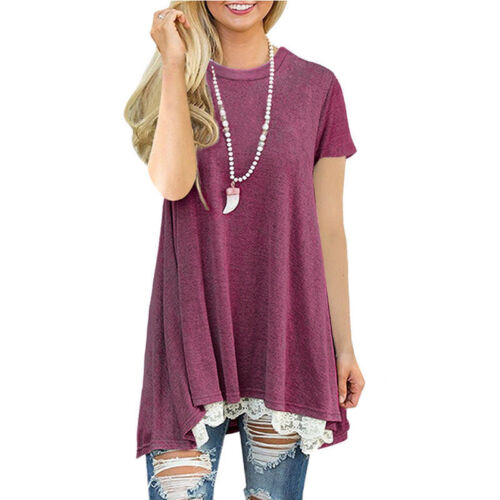 Womens Cotton Tunic Short Sleeve A-Line Swing Loose Top Blouse T-Shirt Dress