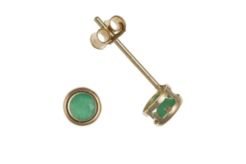 Small Emerald Earrings Solid 9 Carat Yellow Gold Studs 3mm Smooth Rub Over Set 