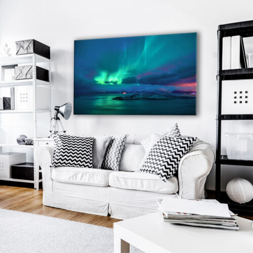 Canvas Print Framed Kitchen Wall Art Picture Iceland Northern Lights Blue Green 