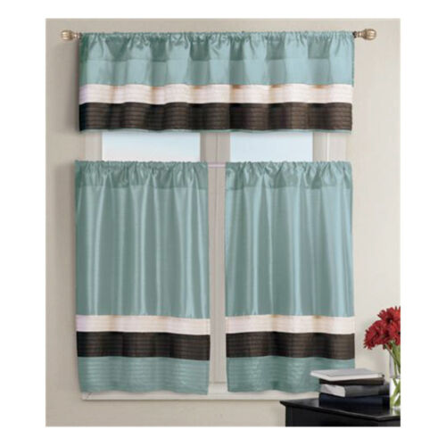Blue 3 PC Small Curtain Set/" 1 Valance\2 Tiers\Pleated Brown /& Taupe Stripes