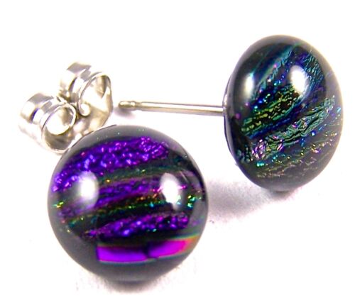 DICHROIC Glass Earrings Round Purple Violet Striped Texture Post 1//4/" 10mm STUDS