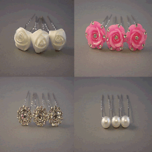Crystal Flower Pink or White Rose  Wedding Bridal Hair Pins 3 pieces Pearl