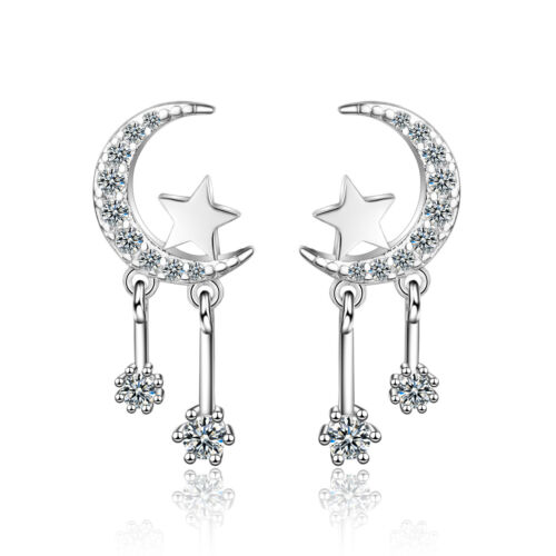925 Sterling Silver Moon Stars Crystal Stud Earrings Womens Girls Xmas Gifts