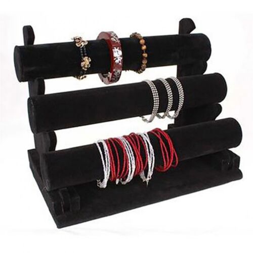 Porte bijoux jonc porte bracelet et montre en velours à 3 rangs noir