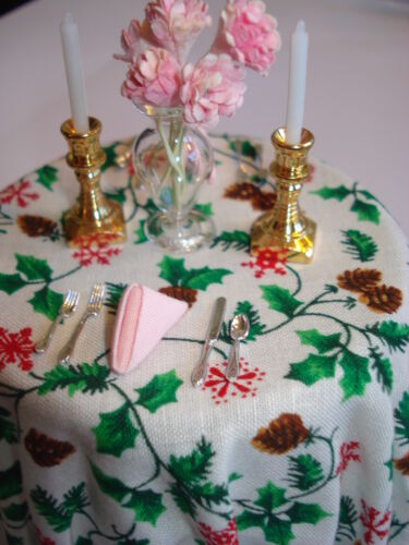 3 " Dollhouse Miniature Tiny Holly & Pinecones Print Christmas Tablecloth