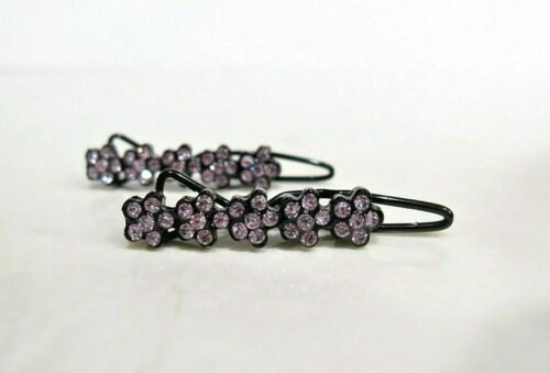Two small tiny purple crystal flower hair pin clip barrettes fine hair 