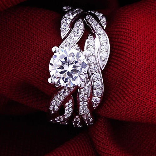 2 Pcs Women's Silver Plated Rhinestone Engagement Wedding Ring Set Voguish 