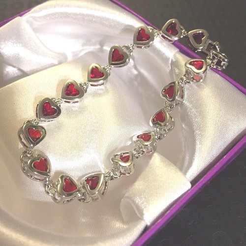 GB Rojo Granate Corazón Plateado//Blanco Oro GF Pulsera 7.25/"//18.5mm en Caja Ciruela UK