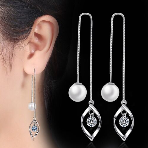 Fashion Women Pearl Silver Leaf Long drop Dangle Earrings 