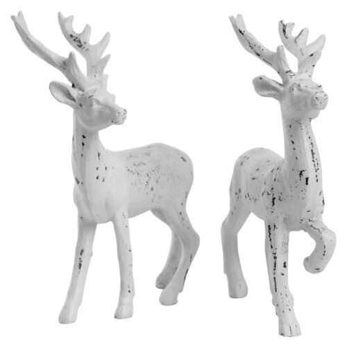 2 Stag Christmas Ornaments Free-standing 14cm White  Reindeer Decoration 