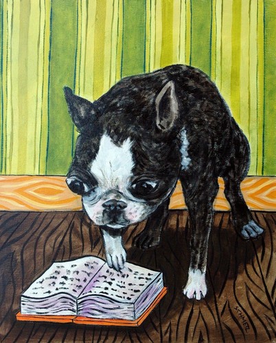 BOSTON TERRIER reading artwork dog art print 8.5x11 librarian gift