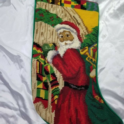 Vintage African American Wool Needle Point Lined Christmas Stocking 17/"