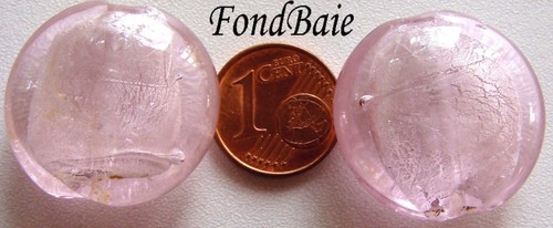 2 perles galet 25mm ROSE rond plat VERRE style Murano feuille argentée bijoux